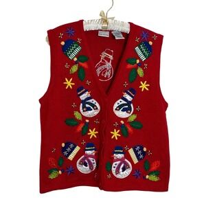 Vintage Bobbie Brooks Embroidered Christmas Sweater Vest Size L Red Snowmen